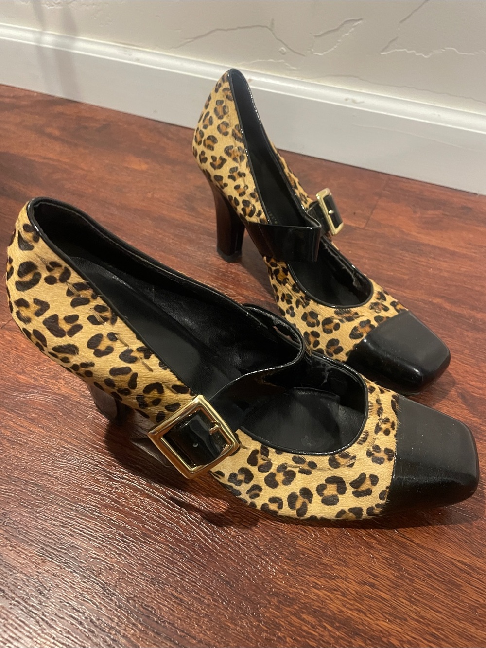 Franco Sarto Leopard Print Mary Jane Pumps with Black Toe and Gold Buckle